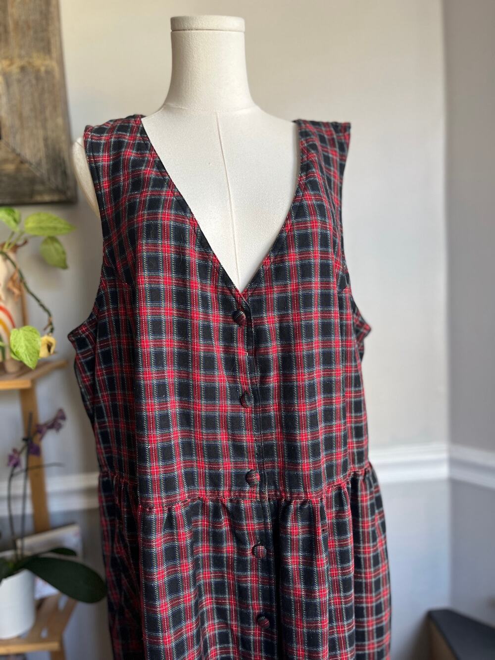 Vintage 90s Plaid Maxi Dress Button Front Sleeveless Red Black Size 2X